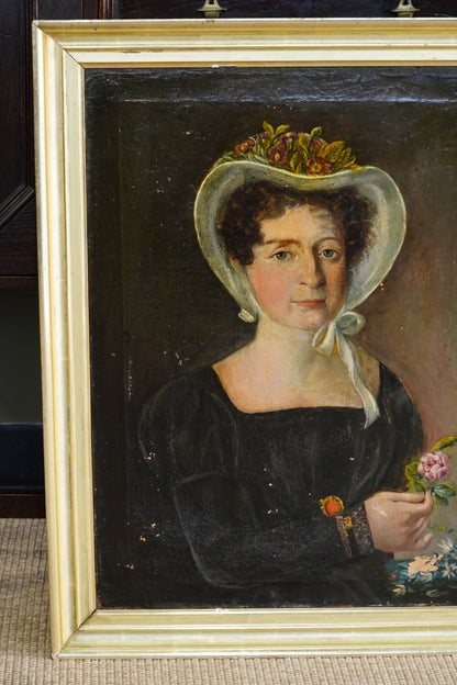 Antique French Bonnet Portrait Painting of a Woman Holding a Rose