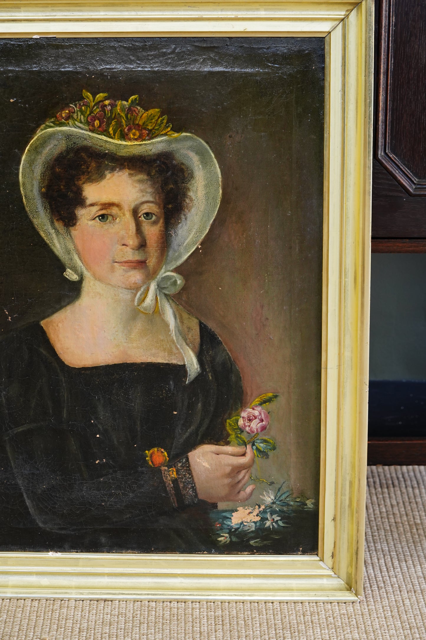 Antique French Bonnet Portrait Painting of a Woman Holding a Rose