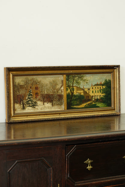 Antique Double Oil Painting House in Summer and Winter, Circa 1870