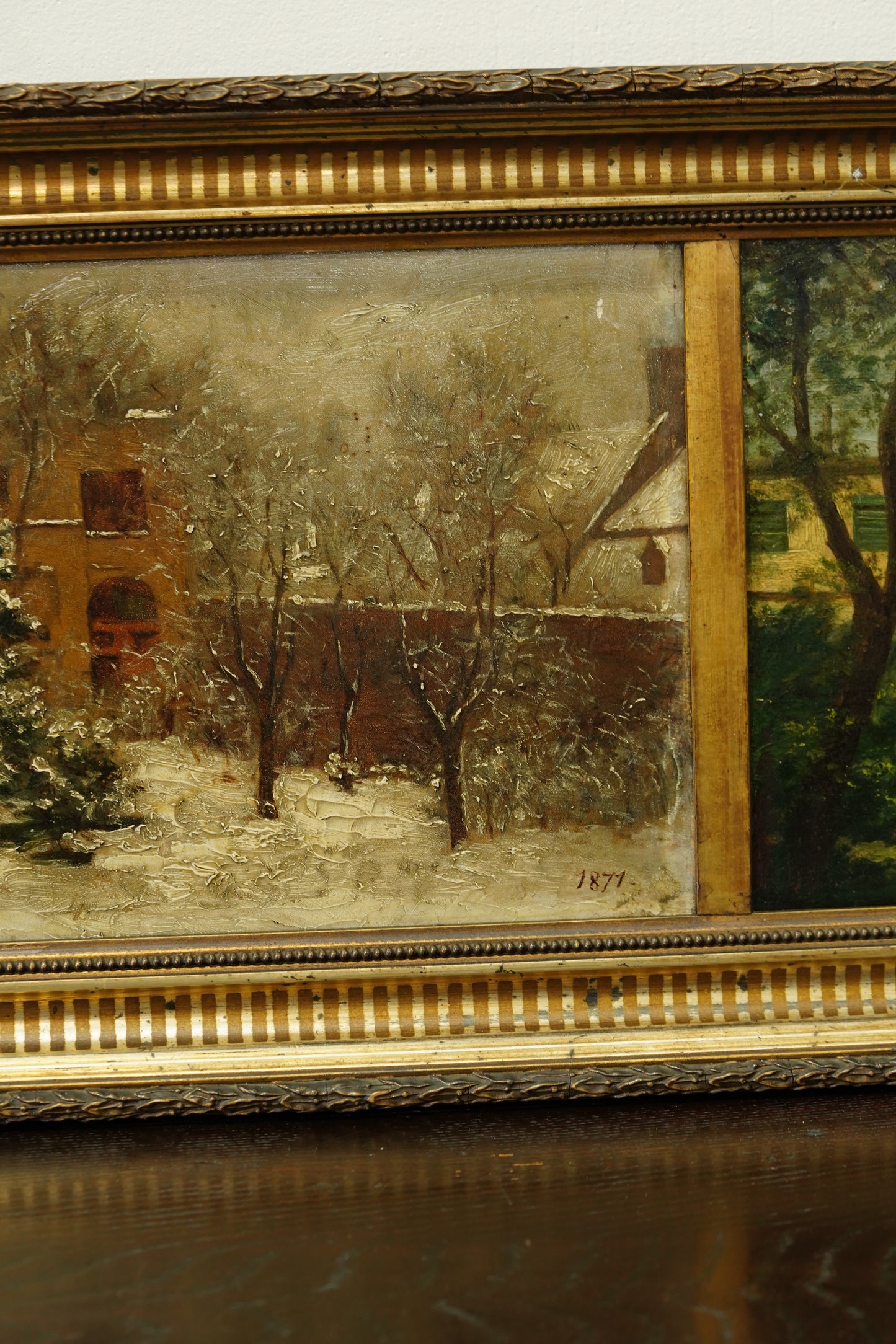 Antique Double Oil Painting House in Summer and Winter, Circa 1870