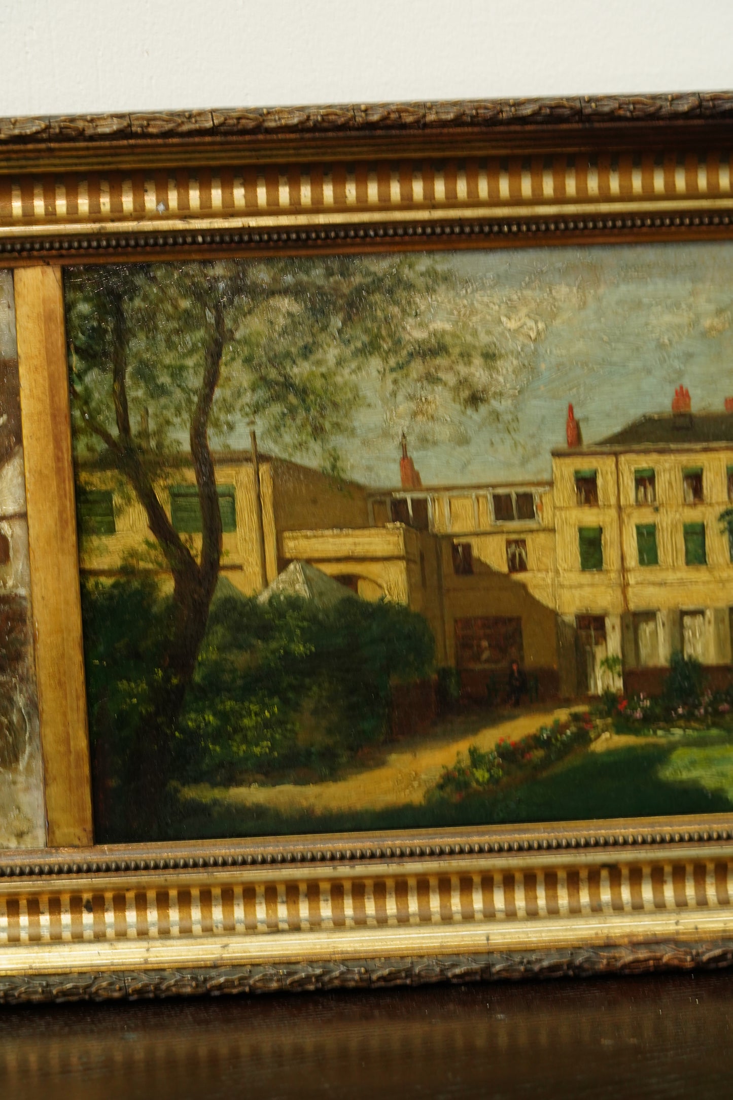 Antique Double Oil Painting House in Summer and Winter, Circa 1870