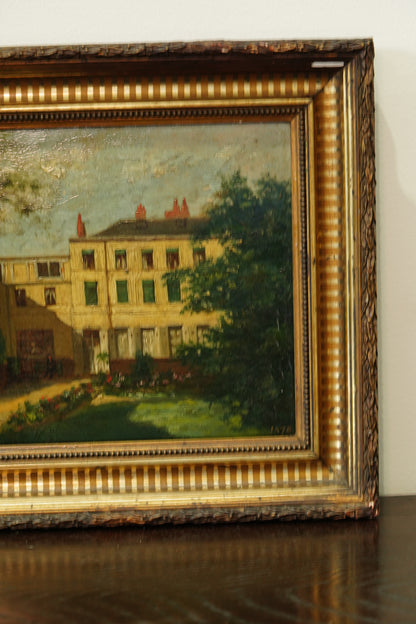 Antique Double Oil Painting House in Summer and Winter, Circa 1870