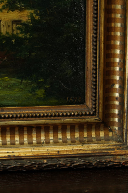 Antique Double Oil Painting House in Summer and Winter, Circa 1870