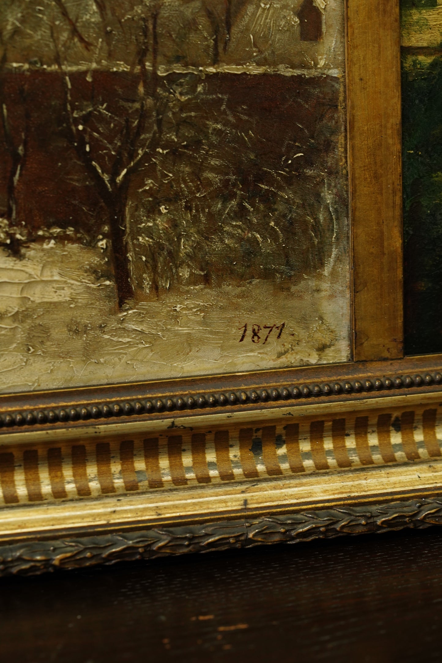 Antique Double Oil Painting House in Summer and Winter, Circa 1870