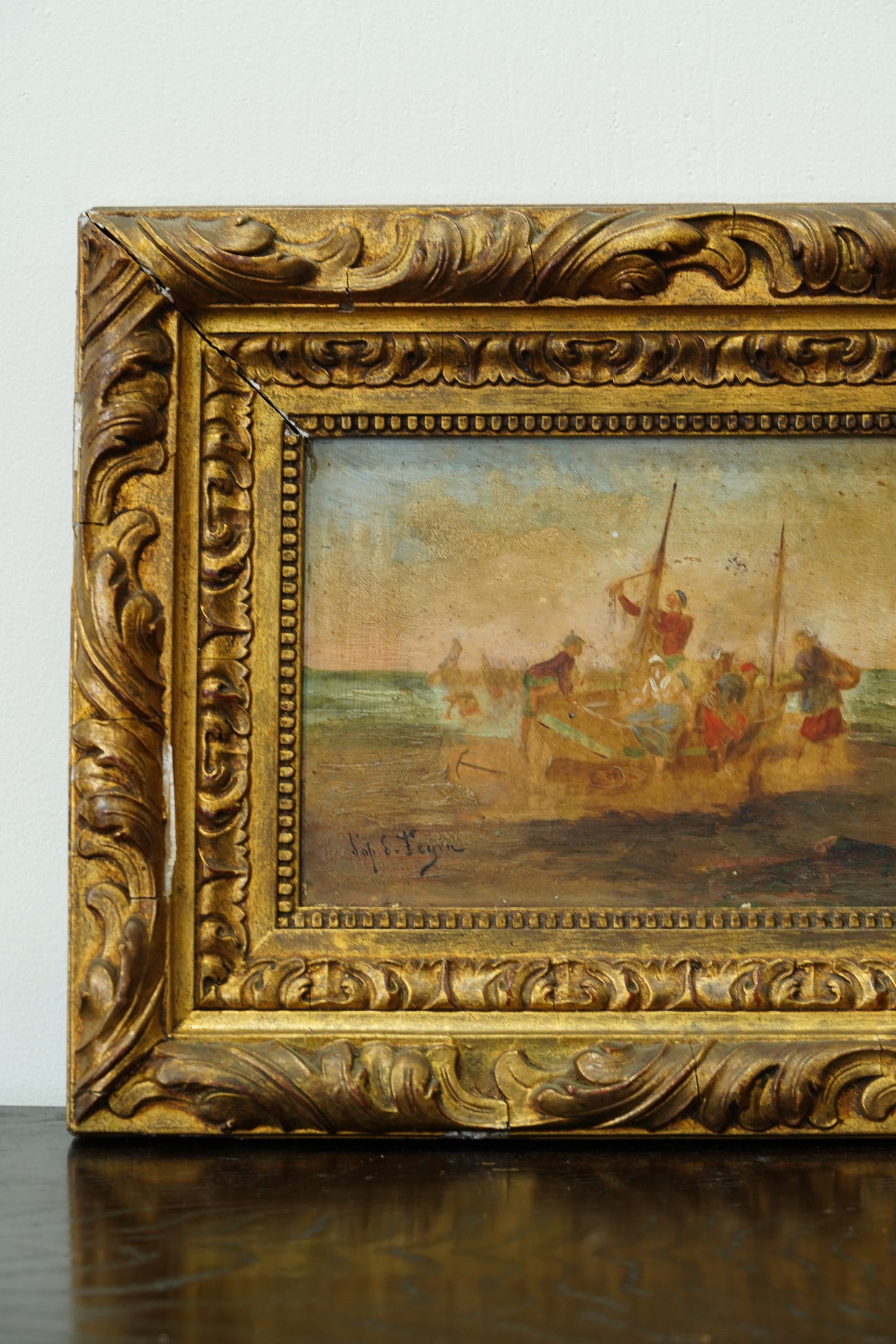 Antique Oil Painting Fishermen Beach Boat, Signed Feyen, Circa 1880