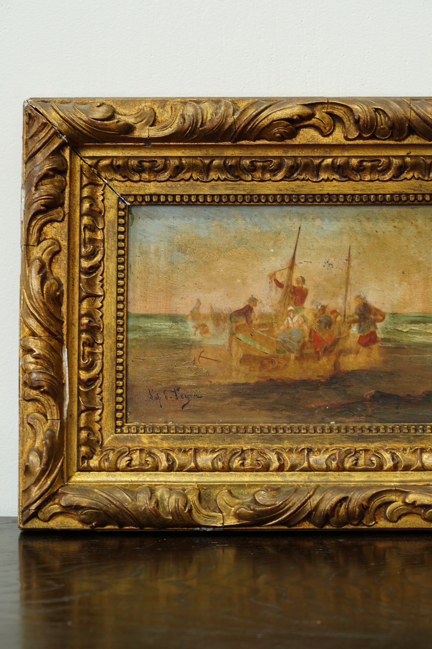 Antique Oil Painting Fishermen Beach Boat, Signed Feyen, Circa 1880