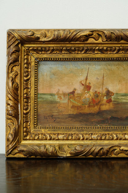 Antique Oil Painting Fishermen Beach Boat, Signed Feyen, Circa 1880