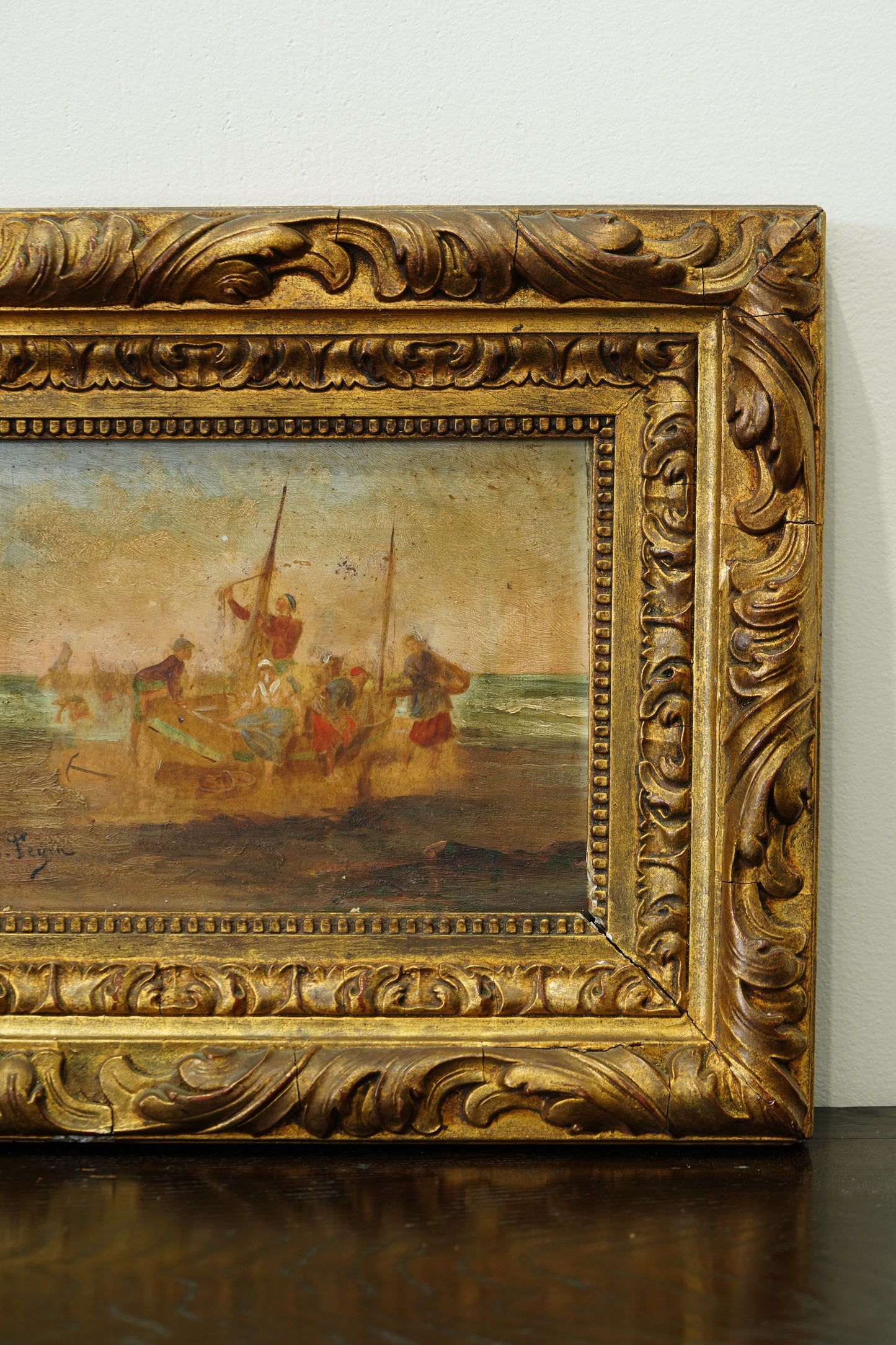 Antique Oil Painting Fishermen Beach Boat, Signed Feyen, Circa 1880