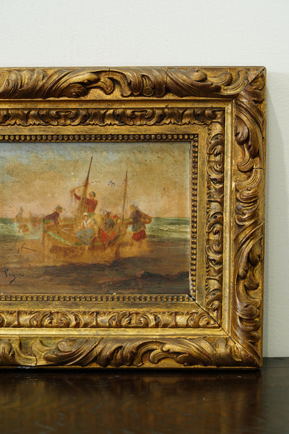 Antique Oil Painting Fishermen Beach Boat, Signed Feyen, Circa 1880