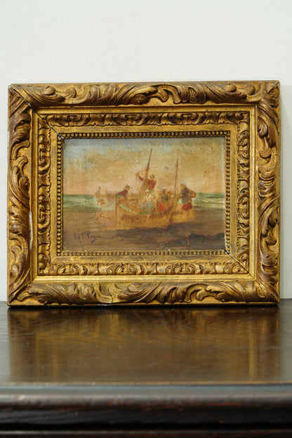 Antique Oil Painting Fishermen Beach Boat, Signed Feyen, Circa 1880