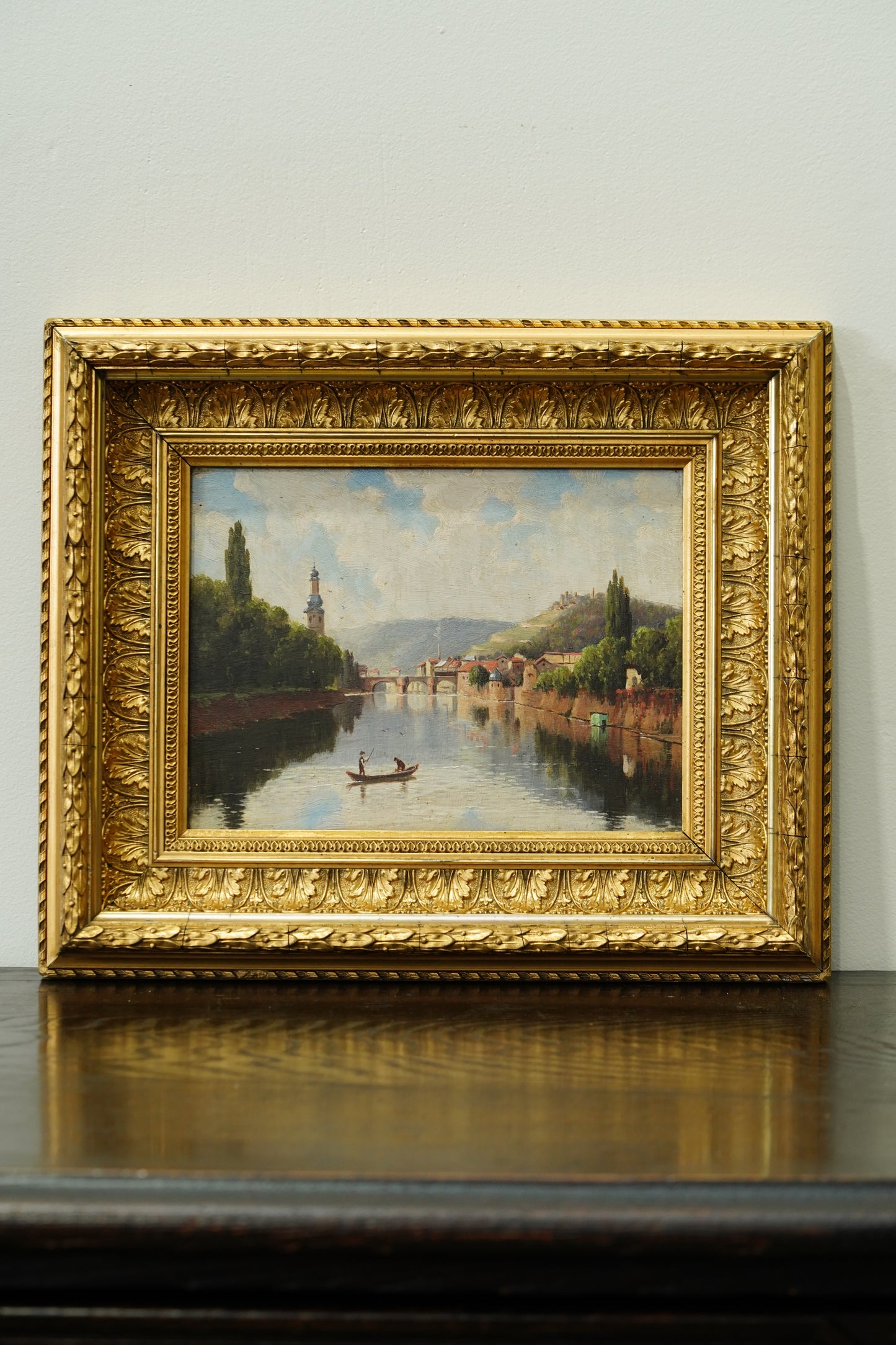 Antique French River Village Oil Painting