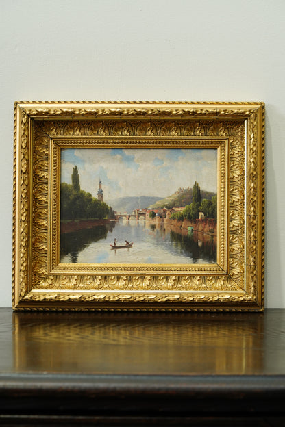Antique French River Village Oil Painting