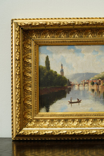 Antique French River Village Oil Painting