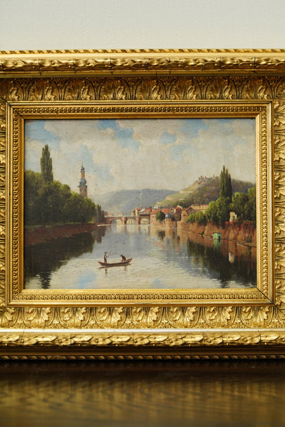 Antique French River Village Oil Painting