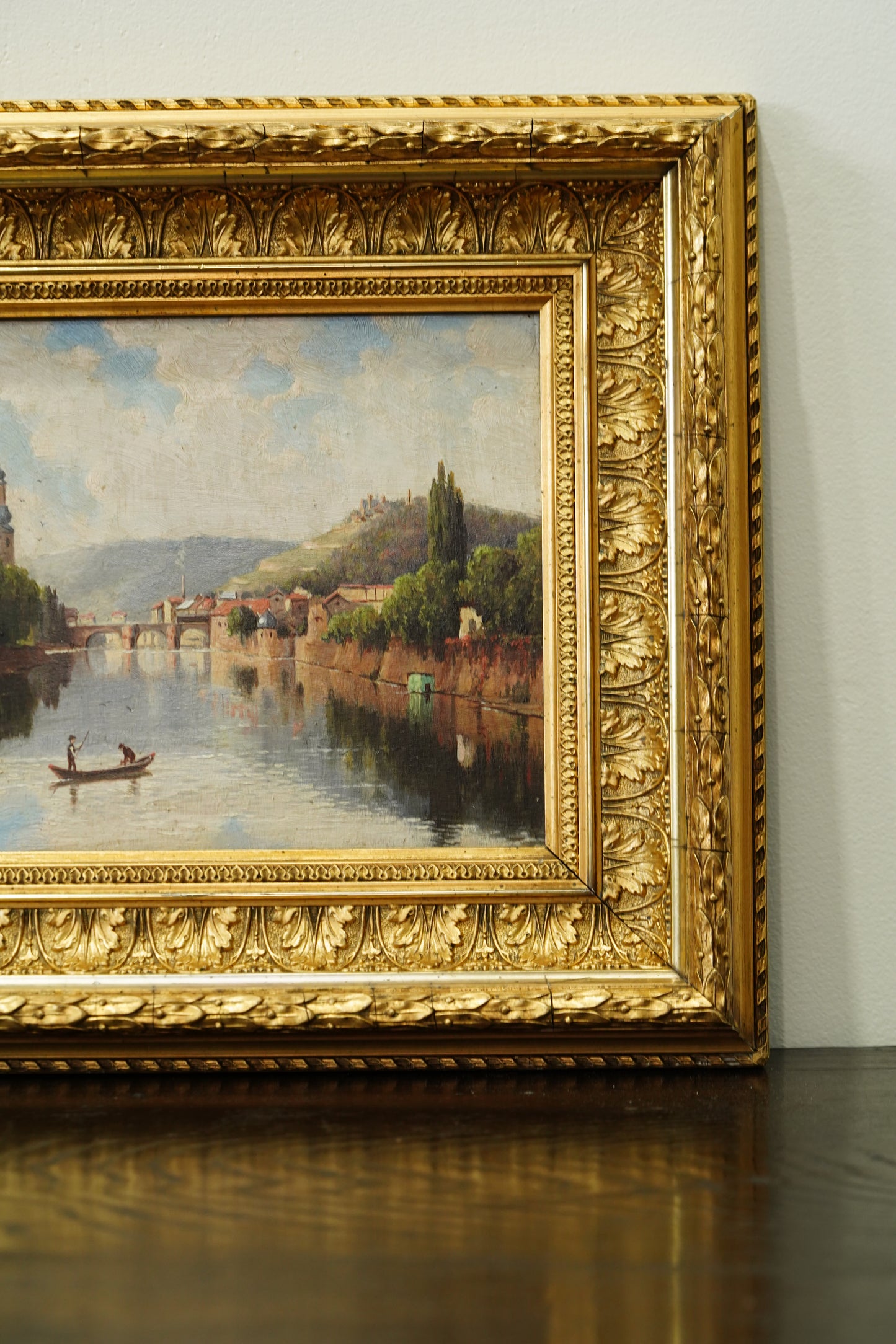 Antique French River Village Oil Painting