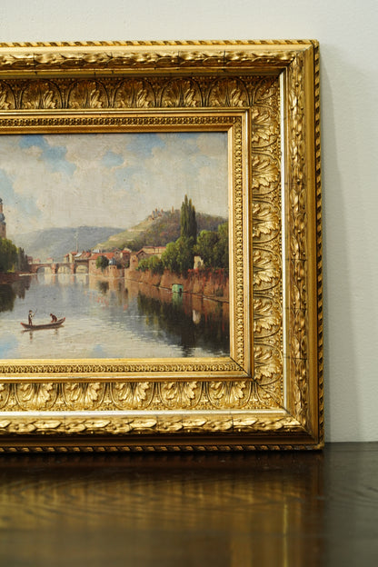 Antique French River Village Oil Painting