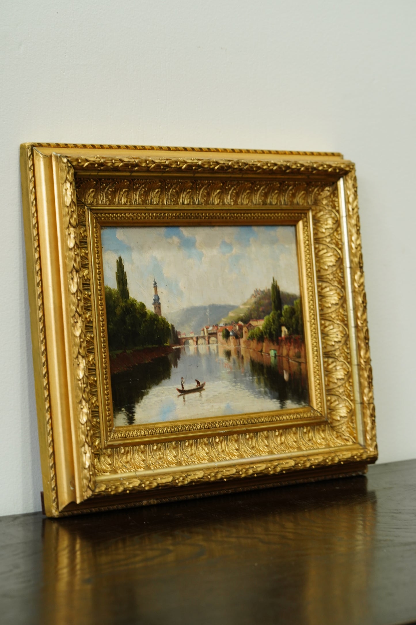Antique French River Village Oil Painting