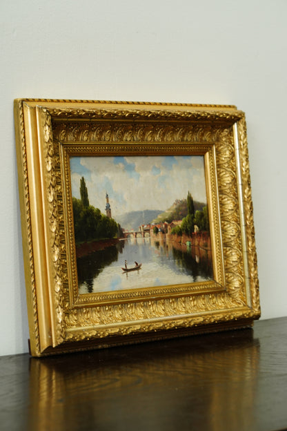Antique French River Village Oil Painting