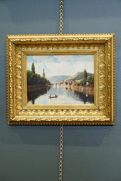 Antique French River Village Oil Painting