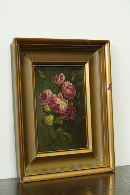 Antique Rose Flower Oil Painting, Circa 1890