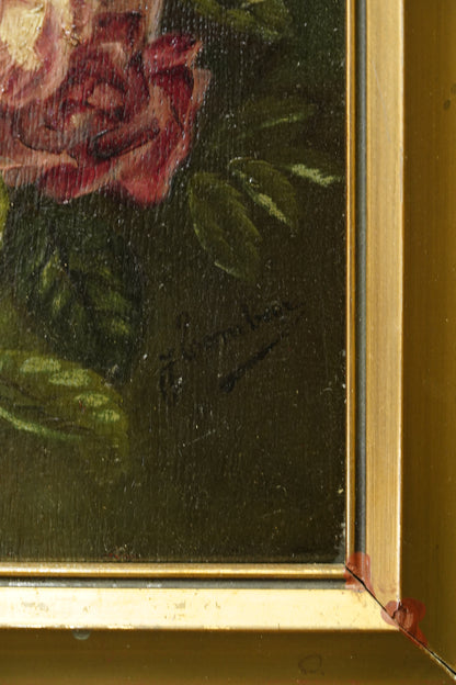 Antique Rose Flower Oil Painting, Circa 1890