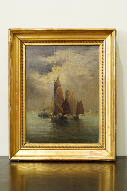 Antique European Ship Nautical Oil Painting