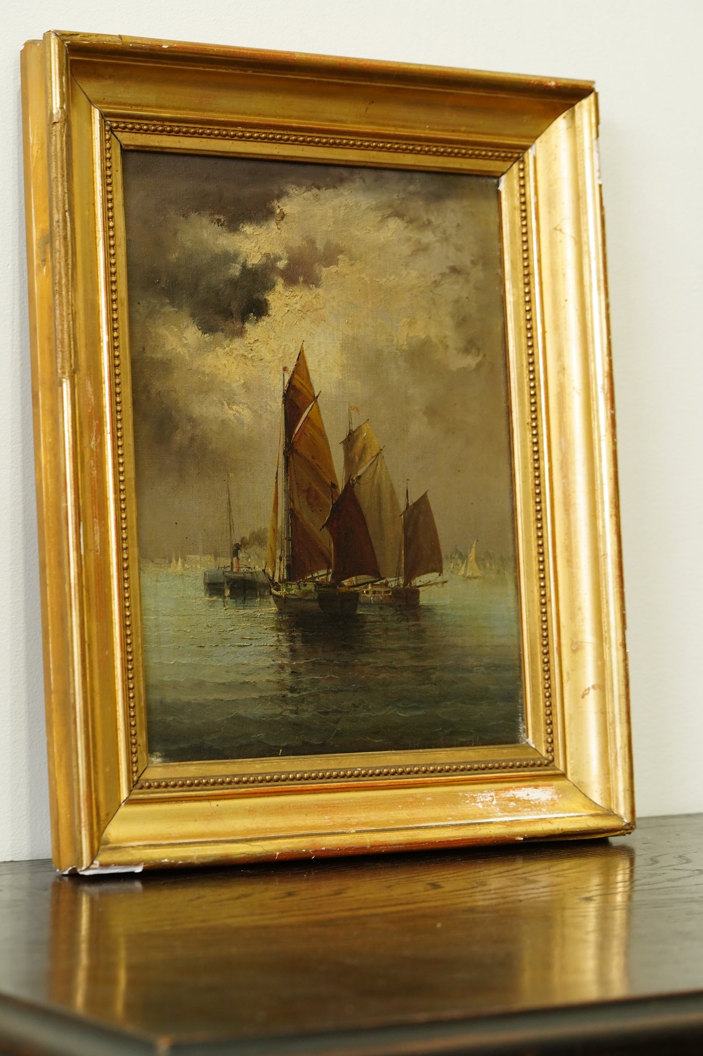 Antique European Ship Nautical Oil Painting