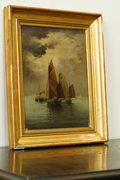 Antique European Ship Nautical Oil Painting