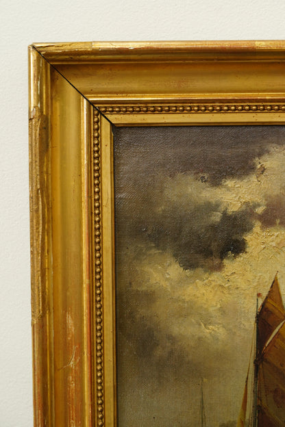Antique European Ship Nautical Oil Painting