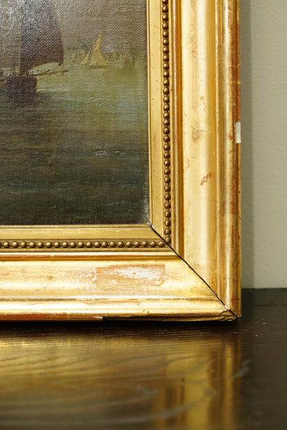 Antique European Ship Nautical Oil Painting
