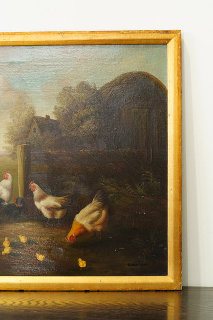 Signed Chicken Oil Painting Farmyard Rooster and Hens
