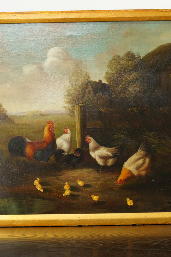 Signed Chicken Oil Painting Farmyard Rooster and Hens secondary view