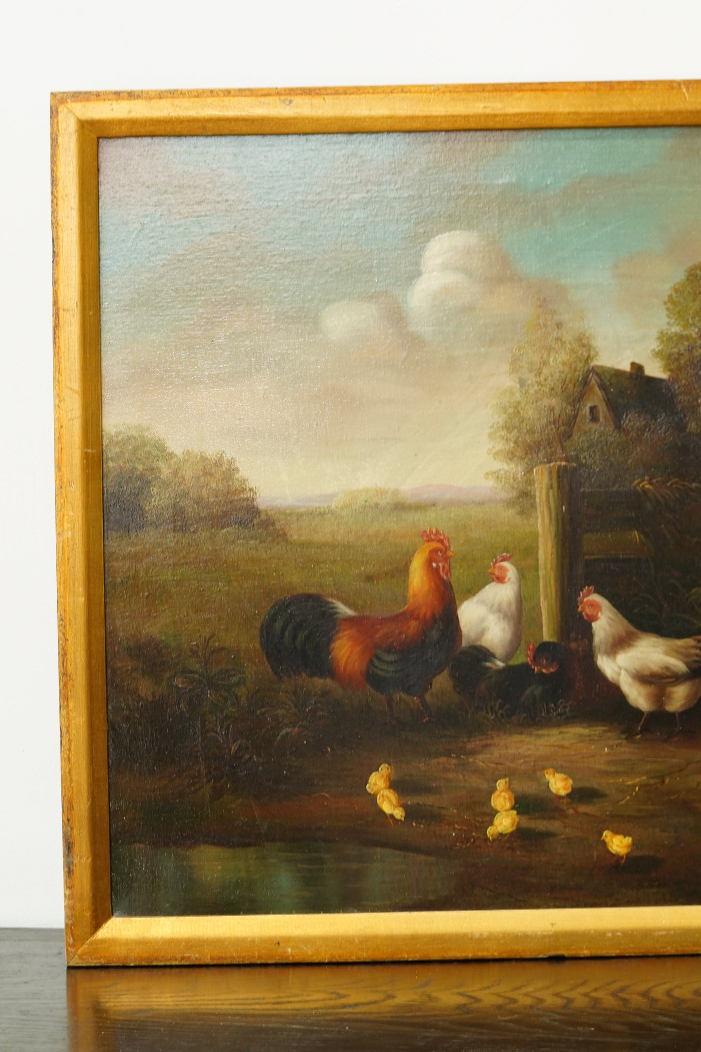 Signed Chicken Oil Painting Farmyard Rooster and Hens