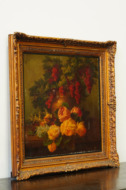 Antique Dutch Style Flower and Fruit Oil Painting, Circa 1900