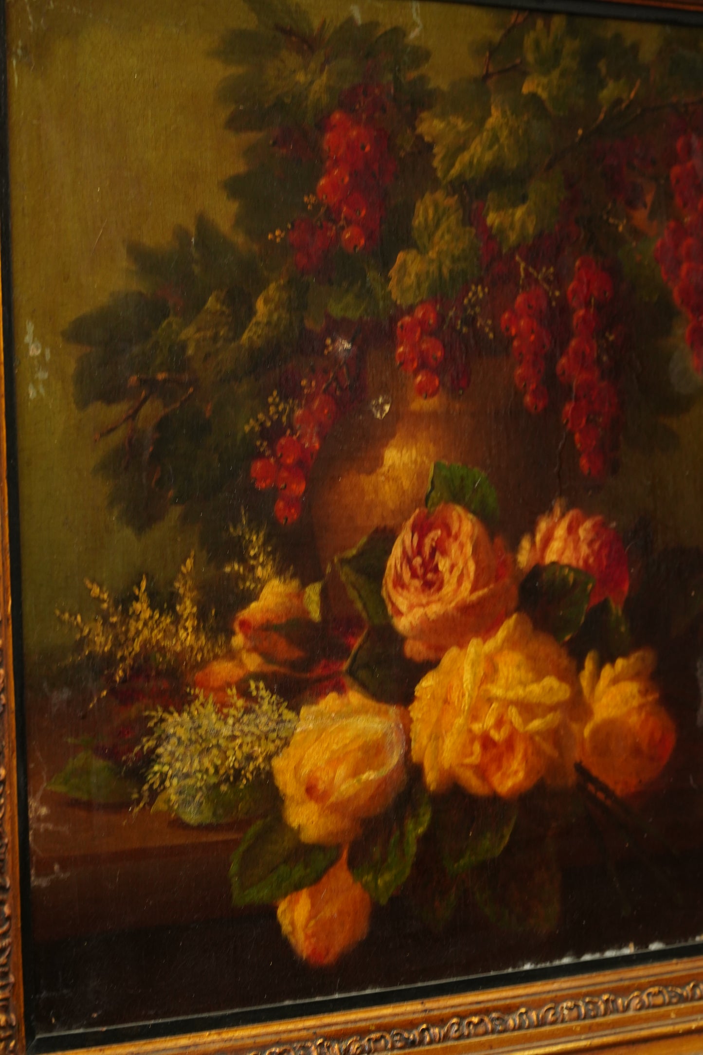 Antique Dutch Style Flower and Fruit Oil Painting, Circa 1900
