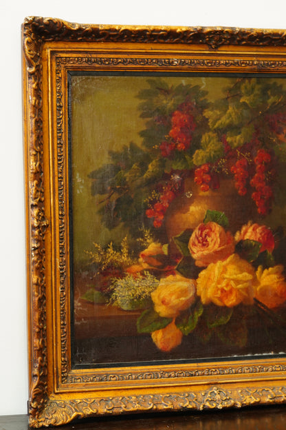 Antique Dutch Style Flower and Fruit Oil Painting, Circa 1900
