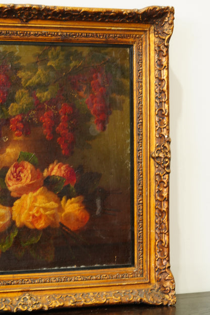 Antique Dutch Style Flower and Fruit Oil Painting, Circa 1900