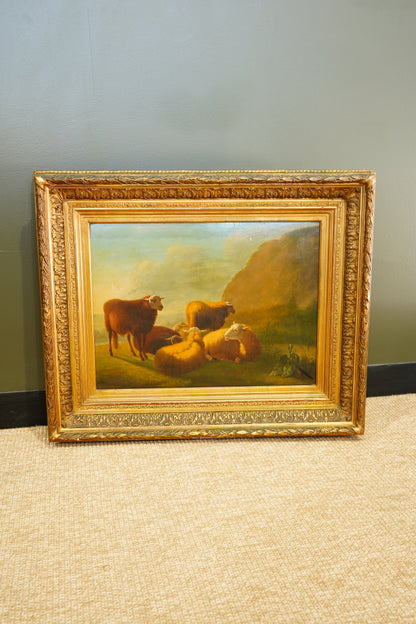 Antique Sheep Oil Painting Landscape, Oil on Board