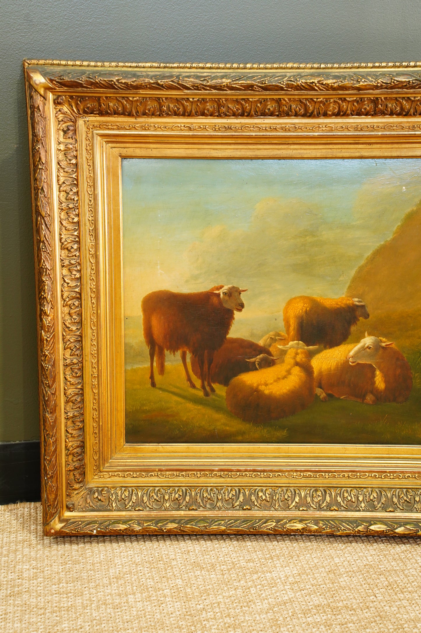 Antique Sheep Oil Painting Landscape, Oil on Board