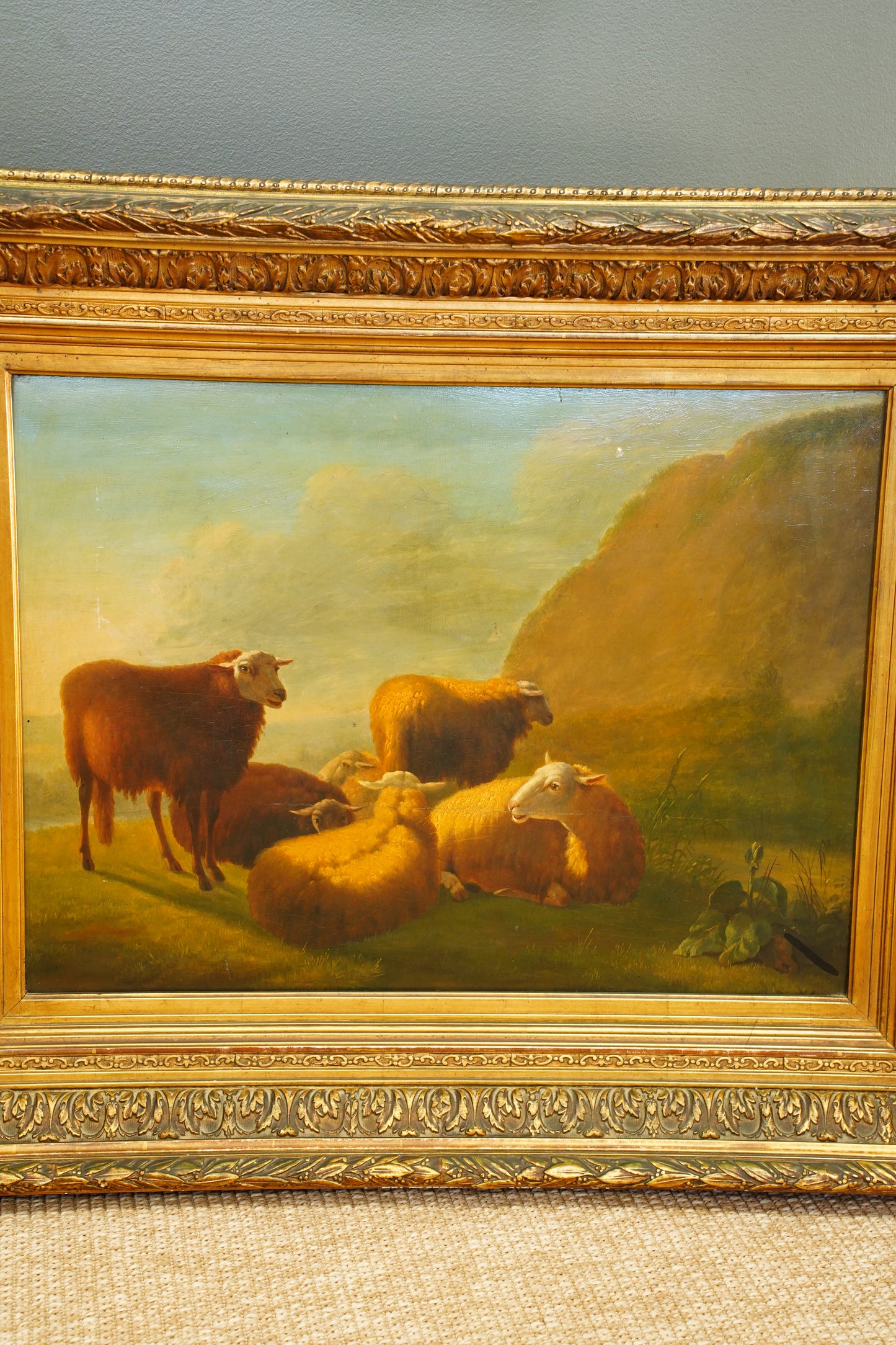 Antique Sheep Oil Painting Landscape, Oil on Board