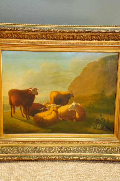 Antique Sheep Oil Painting Landscape, Oil on Board