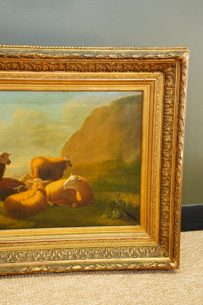 Antique Sheep Oil Painting Landscape, Oil on Board