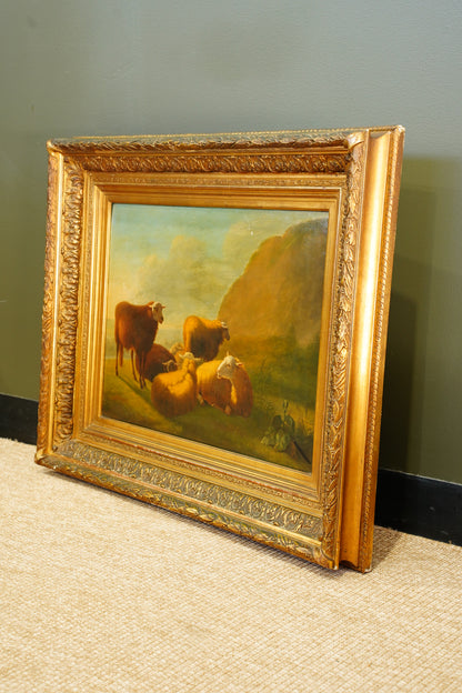Antique Sheep Oil Painting Landscape, Oil on Board