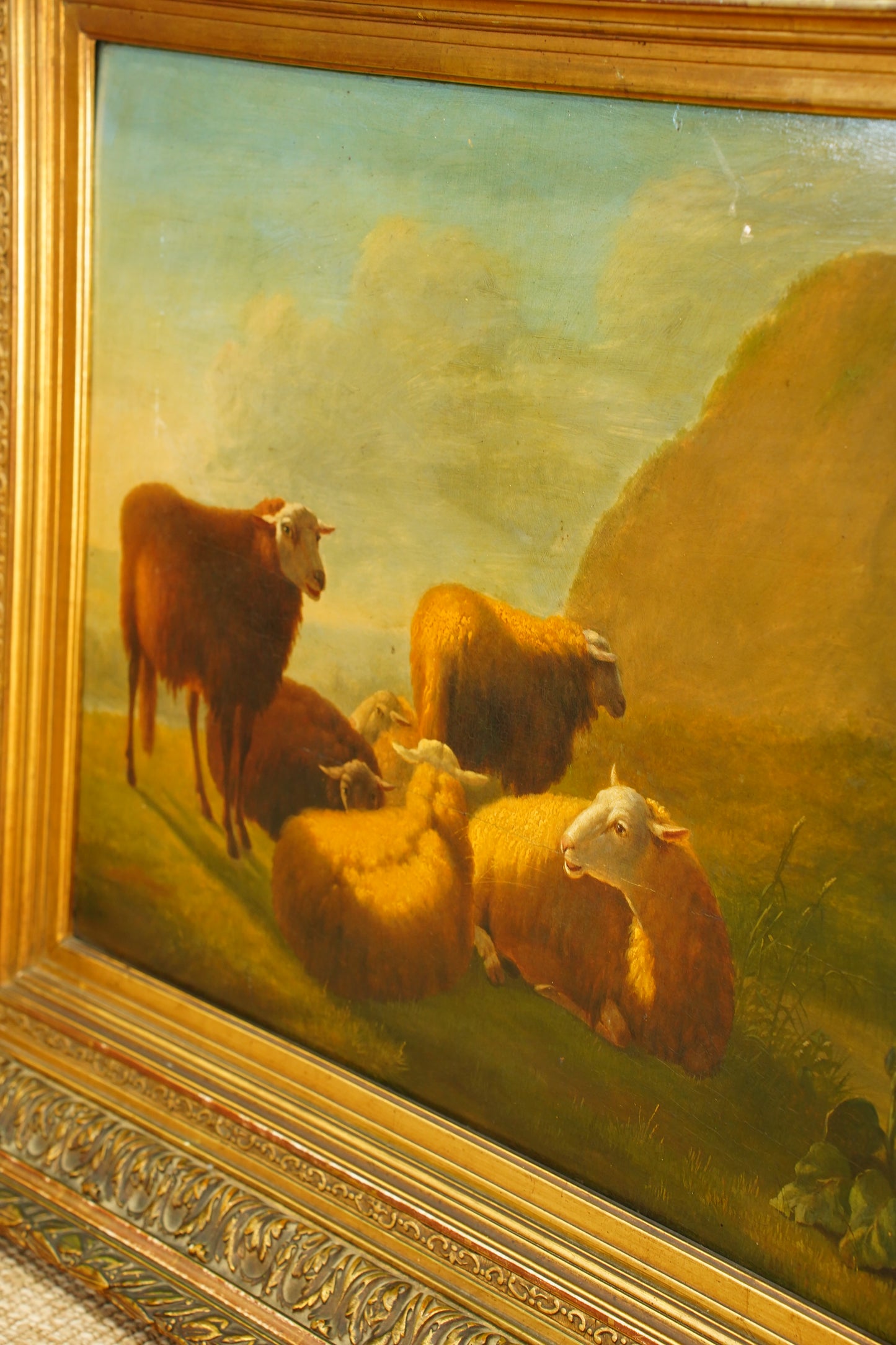 Antique Sheep Oil Painting Landscape, Oil on Board