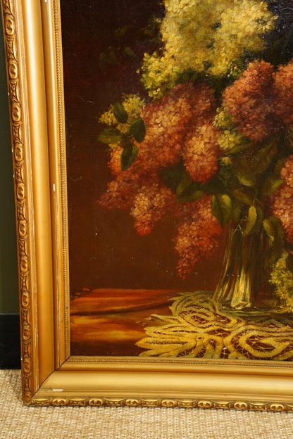 Antique Signed European Still Life of Hydrangeas Oil Painting