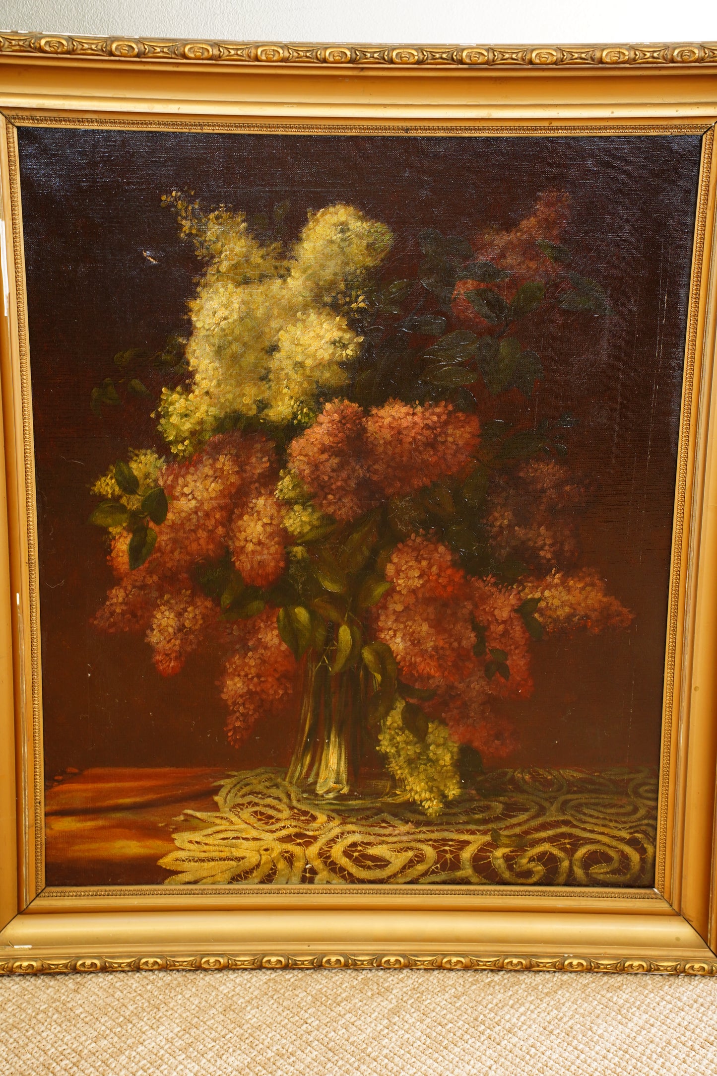Antique Signed European Still Life of Hydrangeas Oil Painting