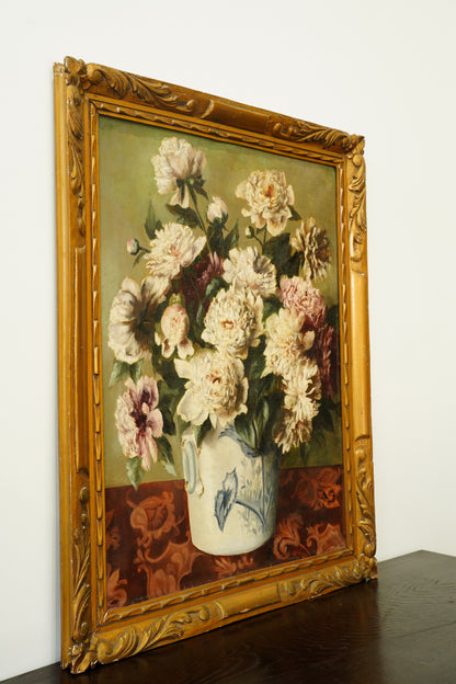 Antique European Peony Oil Painting, Circa 1900
