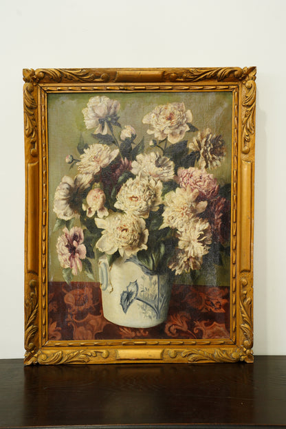 Antique European Peony Oil Painting, Circa 1900