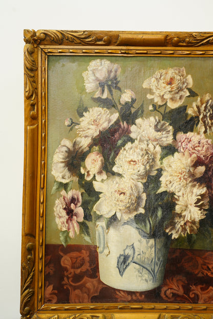 Antique European Peony Oil Painting, Circa 1900