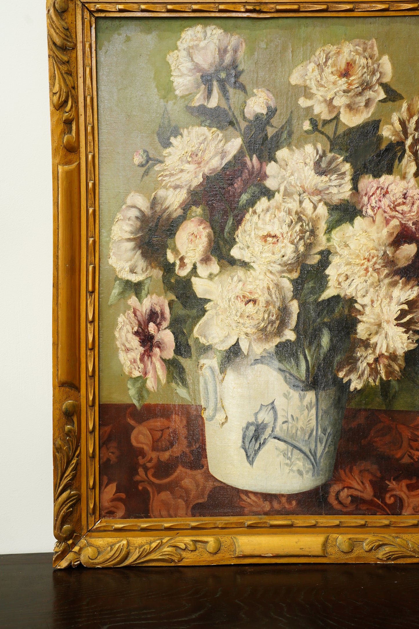 Antique European Peony Oil Painting, Circa 1900